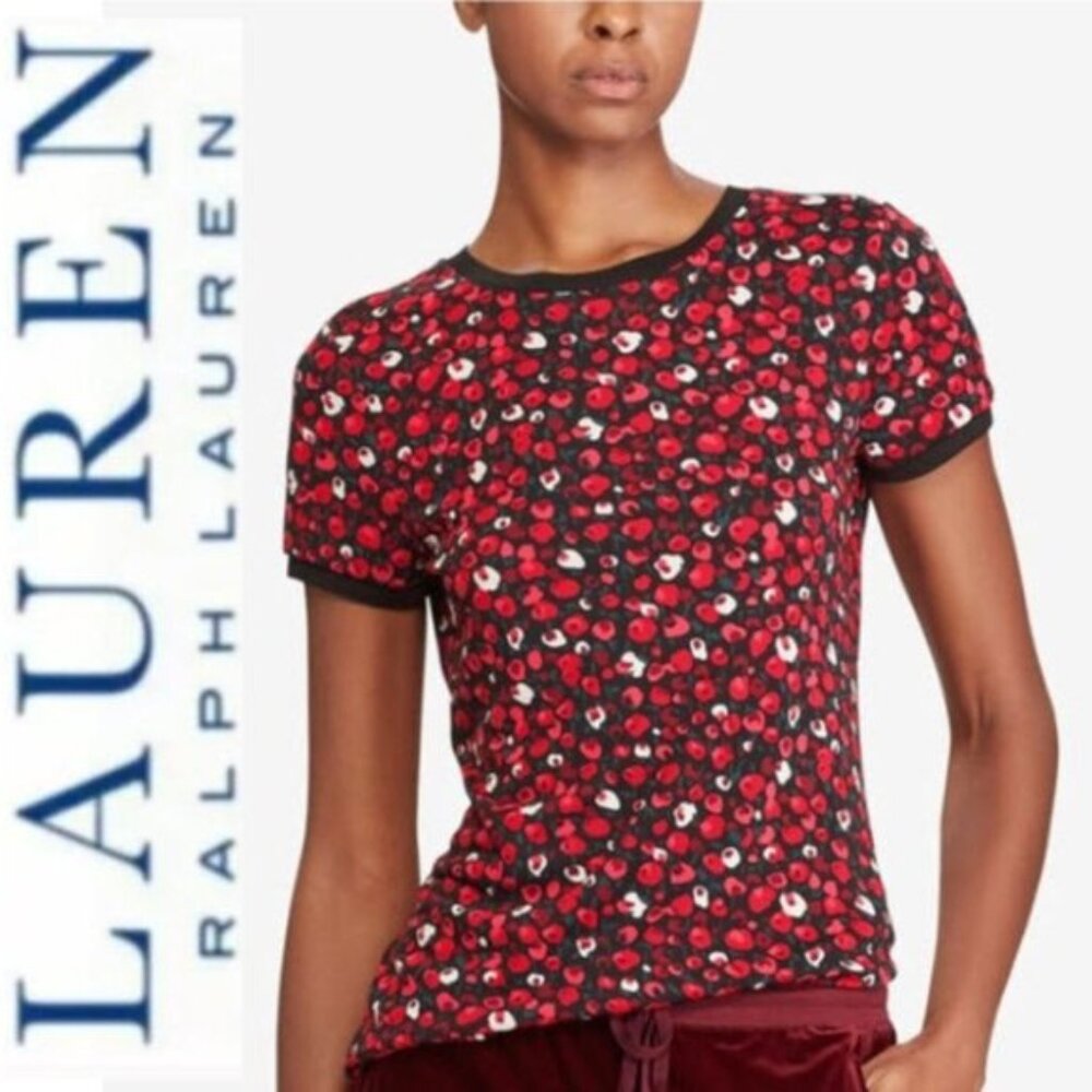 Lauren Ralph Lauren Red Floral Print Short Sleeve Tee